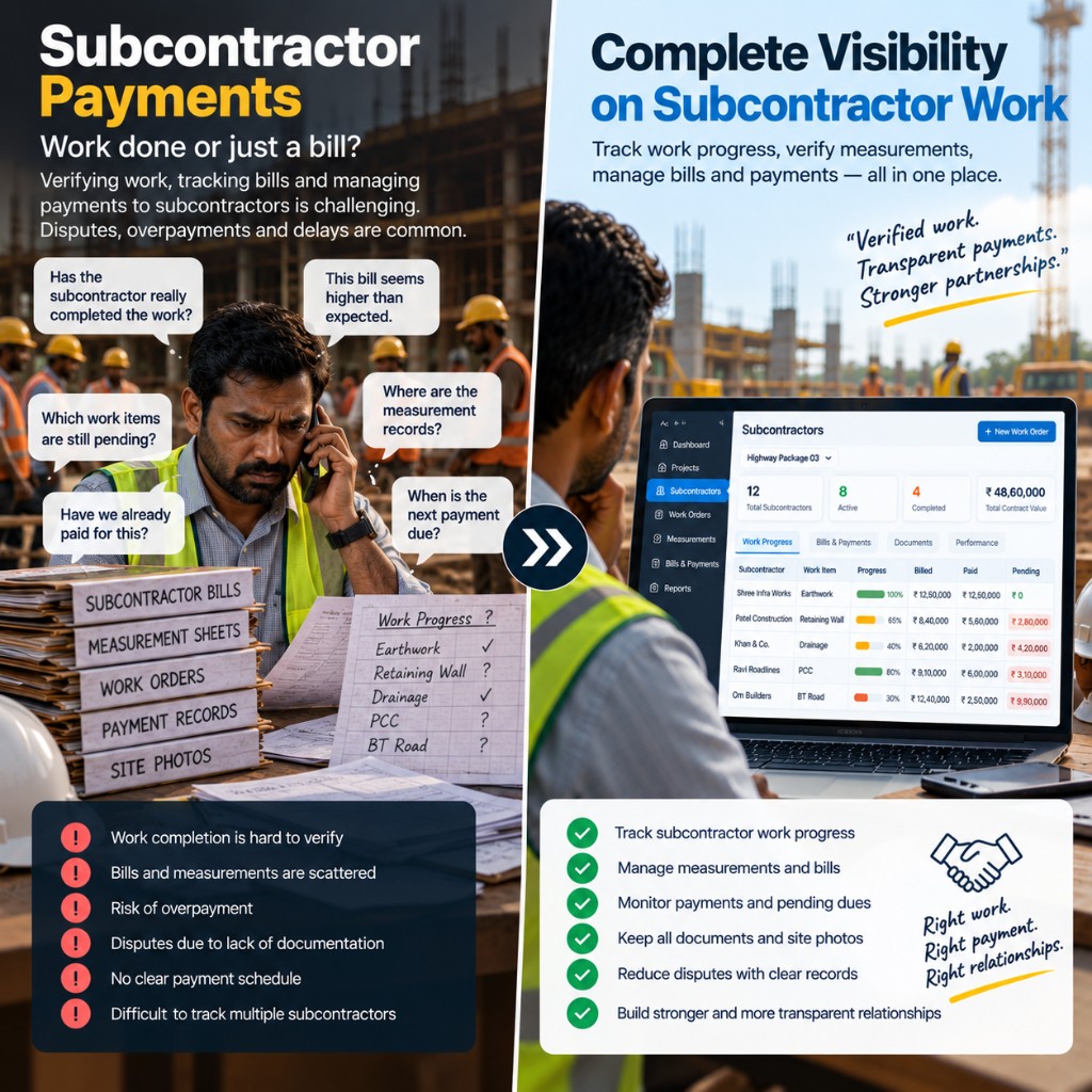 SA100 subcontractors dashboard with progress, billed and paid amounts